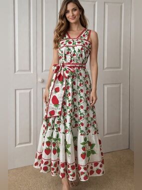 Sue Sartor Strawberry Garden Maxi Dress Handcrafted Cotton Sash Waist NWT $295 S
